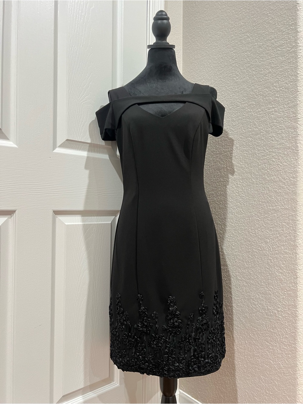 LM Collection Black Off Shoulder Dress Size 6  Embroidered Hem Fit & Flare